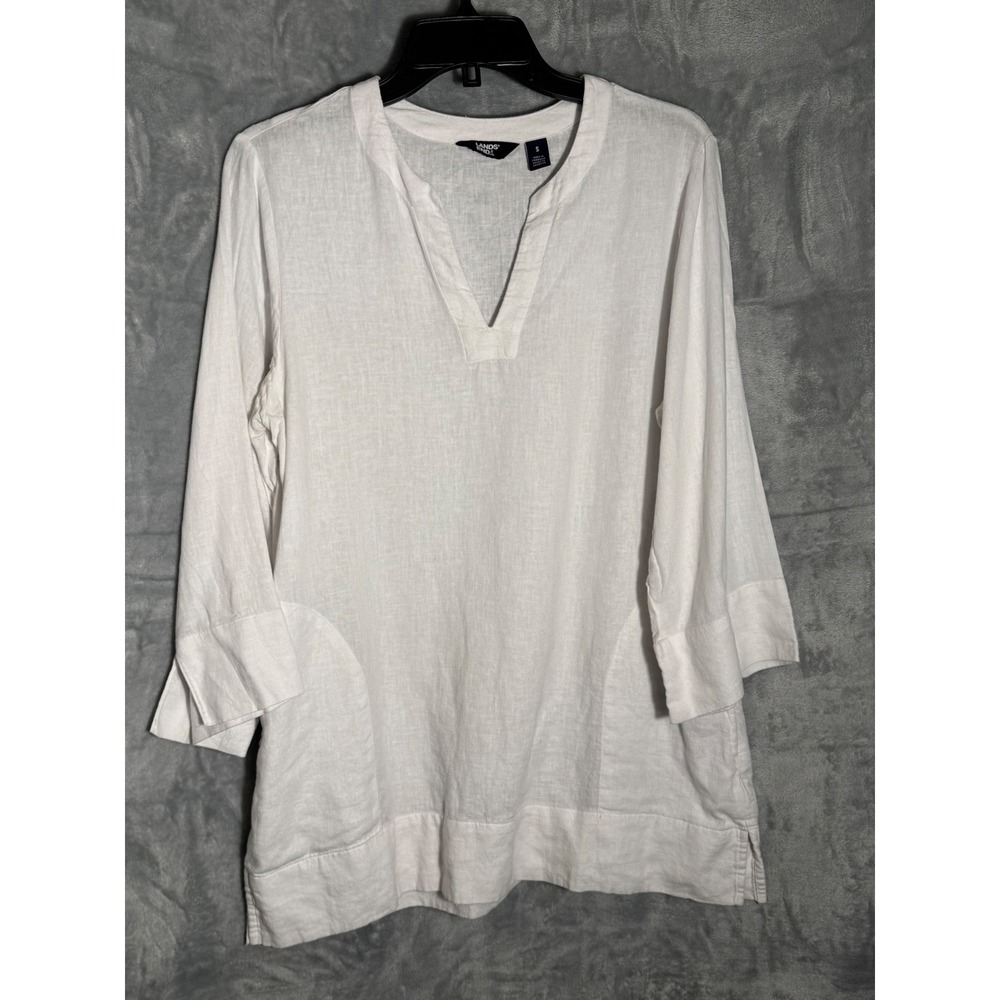 Lands‎ End Womens White Linen Blend V-Neck 3/4 Sleeve Tunic Top Small Pockets
